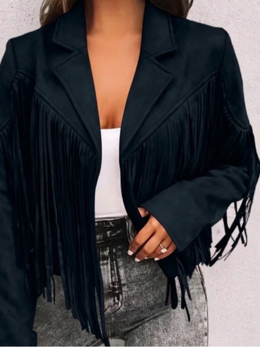 Fringe Faux Suede-Style Black Women's Jacket size large
